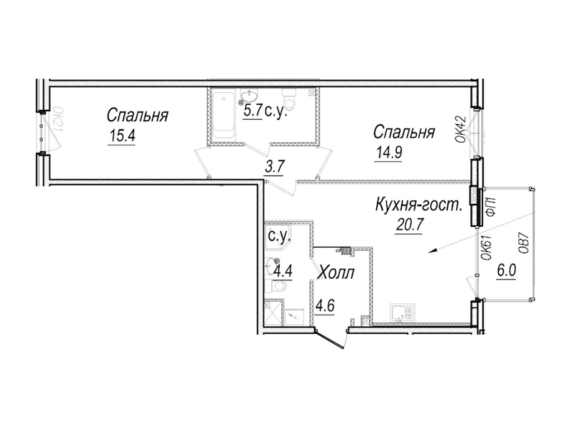 2-комнатная квартира 71.2 м², 4/8 эт., Комплекс апартаментов «Meltzer Hall»